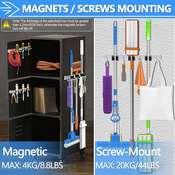 3-H Magnetic Broom Holder Wall Mount 2 Pack, 2-in-1 Dual Mount (No Drill or Screw Fix), 304 Stainless Steel Heavy Duty Magnet Mop Broom Organizer for Kitchen Garden Garage(3 Racks & 4 Hooks, Silver)
