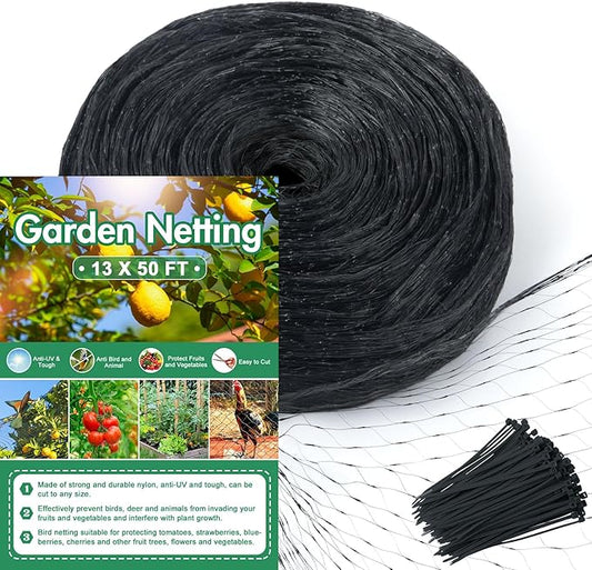 Unves 13 x 50 Ft Bird Netting for Garden, Heavy Duty Fruit Tree Garden Netting Protect Fruit Trees and Vegetable Plants Against Birds and Other Animals