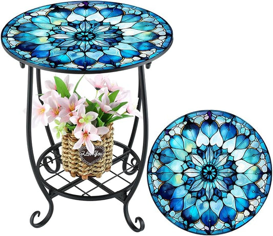 Cinnvoice Outdoor Side Table Round Small Mosaic Patio Accent Indoor End Plant Coffee Tea Table for Yard Patio Porch Garden Living Room, Bedroom(Mandala Style,16 Inch)