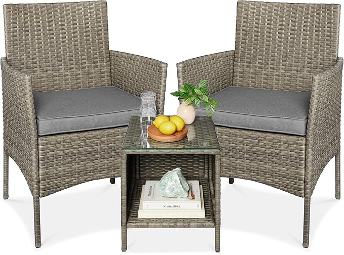 Best Choice Products 3-Piece Outdoor Wicker Conversation Bistro Set, Space Saving Patio Furniture for Garden w/Side Table - Taupe/Cement Gray