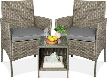 Best Choice Products 3-Piece Outdoor Wicker Conversation Bistro Set, Space Saving Patio Furniture for Garden w/Side Table - Taupe/Cement Gray