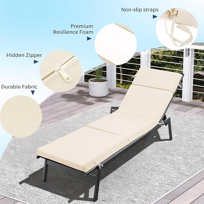 2 Pcs Outdoor Chaise Lounge Cushion 72" x 21" x 3", 4-Section Folding Patio Lounge Chair Cushion with Ties, Waterproof & Fade Resistant Replacement Cushion for Pool, Patio, Deck (Beige, 2 Pcs)