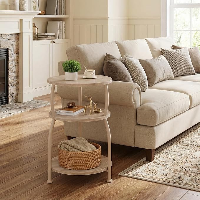 Round Side Table, 3-Tier End Table with Storage Shelf, 15.7" Wide Nightstand for Small Spaces, Tall Sofa Table Capable of Holding Laptops & Lamps, Bedside Table for Bedroom & Living Room, Oak