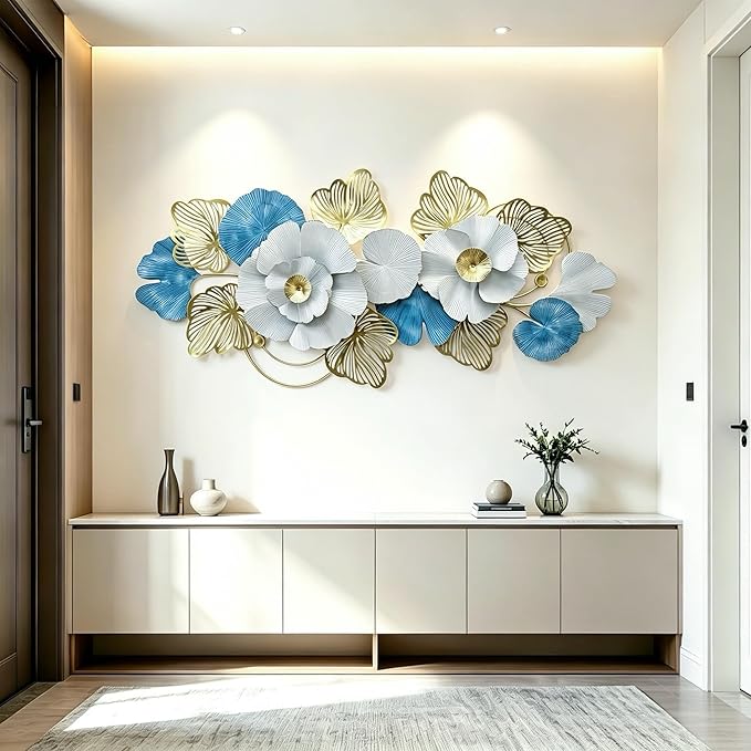 Roivikis Large Metal Wall Art for Living Room, Extra Large Metal Wall Decor, 3D Lotus Abstract Flower Modern Leaves Wall Decoration, for Indoor Outdoor Bedroom, Entryway