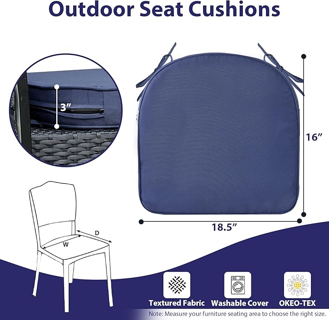 Outdoor Chair Cushions Set of 4, Waterproof Outdoor Seat Cushions for Patio Furniture, Patio Chair Cushion with Handle and Ties, Round Out Door Chair Pads,18.5" x 16" x 3", Navy Blue