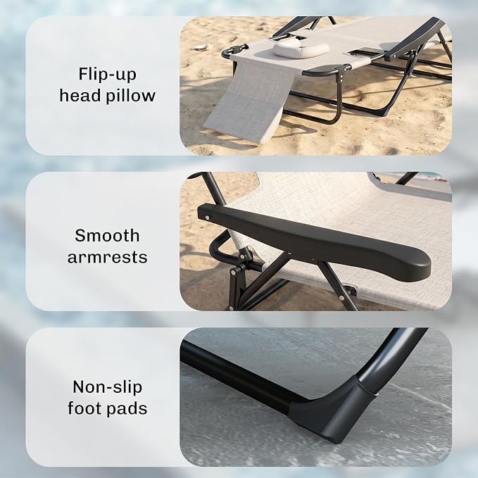Outsunny Tanning Chaise Lounge Chair, 4-Position Beach Chair with Face & Arm Holes, Pillow headrest, Adjustable Sunbathing Chair, Cream White
