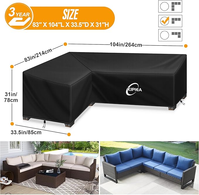 Kipiea Patio L-Shaped Sectional Sofa Cover, 420D Heavy-Duty Oxford Fabric Outdoor Sectional Cover with 6 Windproof Buckles, No Tears Anti UV No Fading (Left Facing, 83" x 104" L x 33.5" D x 31" H)