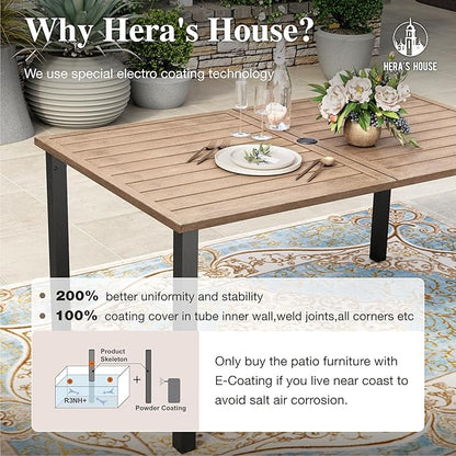 HERA'S HOUSE Patio Table and Chairs Set 7 Pieces, Wood-Like Outdoor Metal Dining Furniture Sets for Backyard Lawn Deck