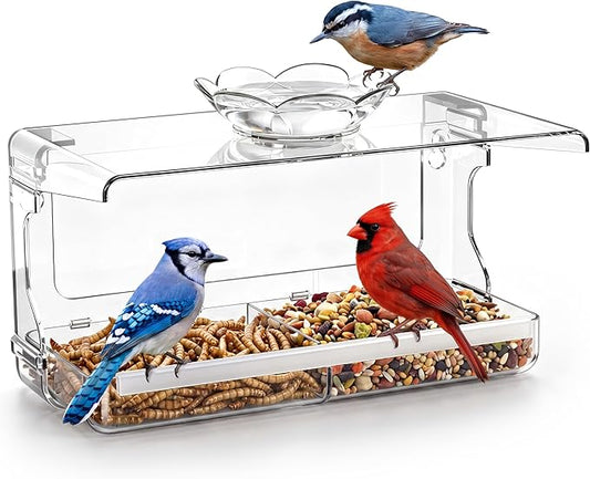 WENMIXER Window Bird Feeder with Non-Marking Self-Adhesive Hooks, Clear and Transparent, Outdoor Wild Bird Watching Gift, Garden Decor (Standard)