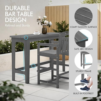 Ciokea Heavy-Duty Outdoor Bar Set, Rectangle High Top Table and 2 Oversized Adirondack Chairs Set, HDPE Modern Patio Bar Set for Outside Bistro Backyard Balcony Deck Outside, Grey