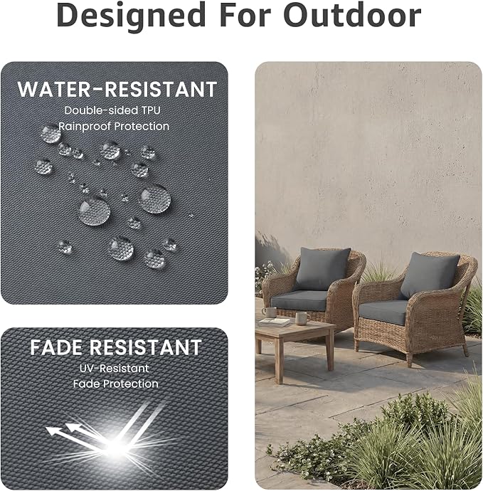 PatioGlow Outdoor Seat Cushion Set, 24" x 24" x 3.5", Set of 2, Water-Resistant & Fadeness Patio Furniture Cushions with Removable Cover & Ties, Thick Deep Seating Pads for Outside Sofa Couch, Grey