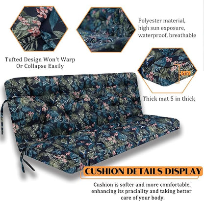 Swing Replacement Seat Cushions, 2-3 Seater Bench Cushions for Outdoor Furnitur with Backrest, Garden Recliner Seat Cushions Waterproof Sofa Pads (Leaves+Flower Pattern, 63x40in)