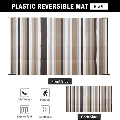 HUGEAR Outdoor Waterproof Rug 6'x9' Plastic Straw Rugs Washable Reversible Floor Mat Brown Stripe Carpet for Camping RV Deck Entryance Porch Picnic Balcony Beach Backyard