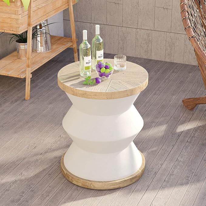 HOMPUS Unique Outdoor Concrete Side Table w Wood Grain Tabletop, Modern Vintage MgO Patio End Table, Lightweight Functional Small Accent Table for Indoor Outdoor Use, Garden, Deck, Poolside