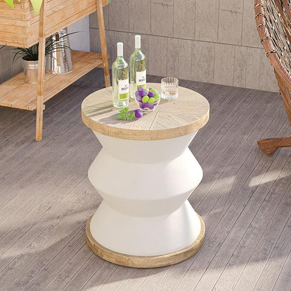 HOMPUS Unique Outdoor Concrete Side Table w Wood Grain Tabletop, Modern Vintage MgO Patio End Table, Lightweight Functional Small Accent Table for Indoor Outdoor Use, Garden, Deck, Poolside