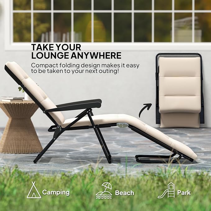 Outsunny Folding Lounge Chair, Reclining Tanning Chair, Sun Lounger with 6-Position Adjustable Back, Padded Cushion for Patio, Garden, Beach, Pool, Beige