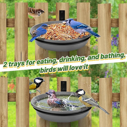 Fence Bird Feeders Tray - 2pcs Tree Mounted Wild Bird Bath for Outdoors Place Food Water, Installed on Deck Wall Stakes with Heavy Duty Iron Ring, 8.3'' Dia. (Grey)