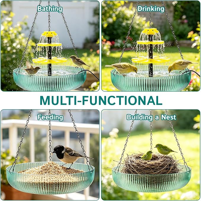3-Tier Hanging Solar Bird Bath Fountain, Solar Pump Cascading Water Feeder with 16.4FT Extra Long Cord, Large Bird Bowl for Hummingbirds Wild Birds (1pcs-Solar Bird Bath Fountain)