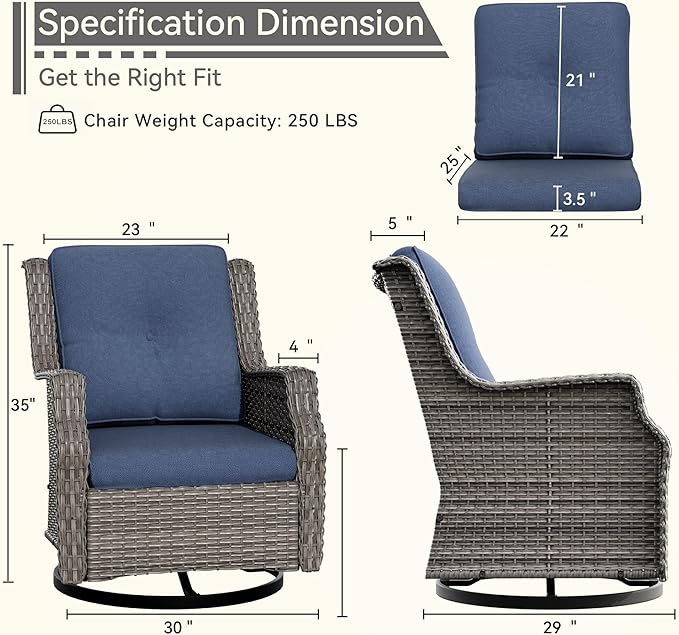 Swivel Patio Chair Outdoors - 360 Degree, Set of 2, Glider Chair with 3.5" Olefin Fabric Cushions (Mixed Grey Rattan/Navy)