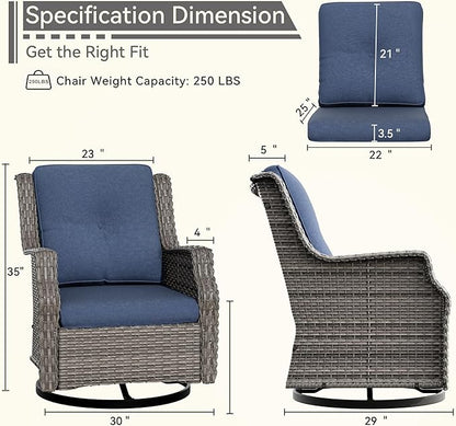 Swivel Patio Chair Outdoors - 360 Degree, Set of 2, Glider Chair with 3.5" Olefin Fabric Cushions (Mixed Grey Rattan/Navy)