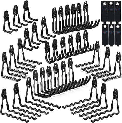 3-H Garage Wall Hooks 42 Pack, Heavy Duty Garage Hooks with Extra Welding Spots, Wall Mount Storage Organizer for Hanging Garden Lawn Tools, Ladder, Bike, WeedEater, Chair, Shovel, Blower (Black)
