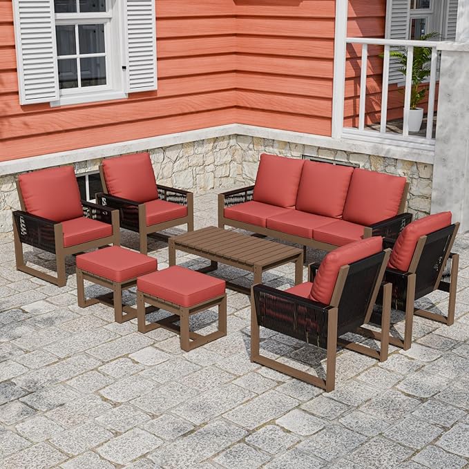 Rustic Hideaway Natural Cedar Wood Outdoor Furniture Set, Wicker Patio Conversation Set for Porch Garden Backyard, Couch, 4 Patio Chairs, Coffee Table and 2 Ottomans, 8 Piece, Brownish/Red