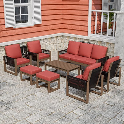 Rustic Hideaway Natural Cedar Wood Outdoor Furniture Set, Wicker Patio Conversation Set for Porch Garden Backyard, Couch, 4 Patio Chairs, Coffee Table and 2 Ottomans, 8 Piece, Brownish/Red