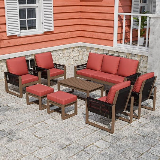 Rustic Hideaway Natural Cedar Wood Outdoor Furniture Set, Wicker Patio Conversation Set for Porch Garden Backyard, Couch, 4 Patio Chairs, Coffee Table and 2 Ottomans, 8 Piece, Brownish/Red