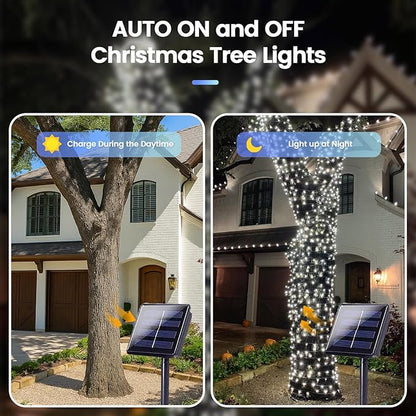 4 Pack 180FT Solar Christmas Lights Outdoor Waterproof, Super Bright 320 LED Solar String Lights with 8 Lighting Modes, Green Wire Solar Twinkle Fairy Lights for Outside Tree Xmas Party(Cool White)