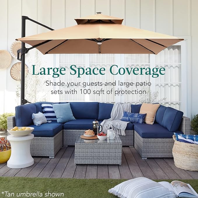 Best Choice Products 10x10ft Cantilever Patio Umbrella w/Base Included, Solar LED Lights 360 Rotation Large Offset Hanging Outdoor Shade for Deck Pool Backyard w/Stand – Tan