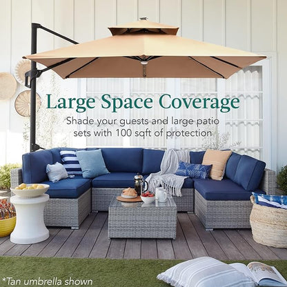 Best Choice Products 10x10ft Cantilever Patio Umbrella w/Base Included, Solar LED Lights 360 Rotation Large Offset Hanging Outdoor Shade for Deck Pool Backyard w/Stand – Tan