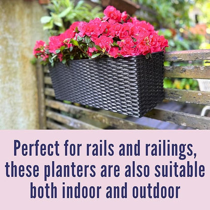 LaLaGreen Outdoor Rail Planter for Balcony (20 Inch, 2 Pack) Large Black Self Watering Deck Railings Planters with Brackets, Rectangular Plastic Fence Flower Box Designer Choice with Rattan Pattern