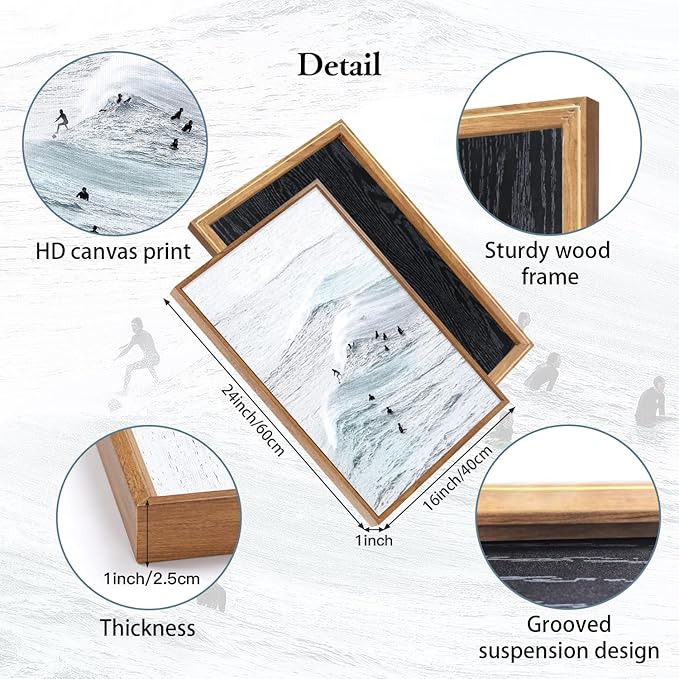 CHDITB Coastal Surfing Framed Canvas Wall Art Set, Ocean Wave Wall Decor, Beach Surfer Artwork, Summer Beachy Painting for Bedroom Dining Room Bathroom Office Decoration 16"x24"X3