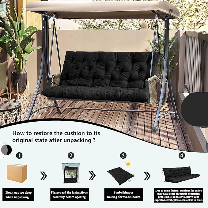 2/3 Seater Swing Replacement Cushion, Waterproof Porch Swing Cushions with Backrest, Thickened Bench Cushions for Outdoor Furniture, for Outdoor Patio Swing (Black, 60 * 40 in)