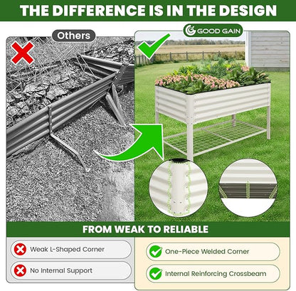 Elevated Raised Garden Bed 2' x 4'- Galvanized Metal Planter Boxes with Legs & Storage Rack, Outdoor Planters for Backyard/Patio/Balcony, with Drainage Holes for Vegetables, Flowers, Herbs, White