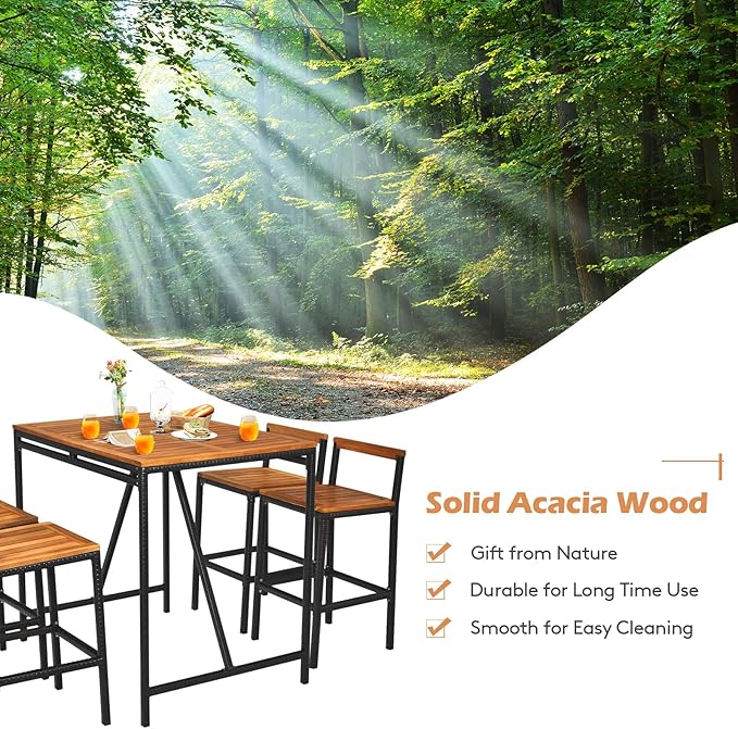 RELAX4LIFE 5-Piece Patio Bar Set, Acacia Wood Counter Height Bistro Dining Table w/Umbrella Hole, Wicker Rattan Bar Stools Set of 4 for Balcony Backyard Poolside, 5PCS Outdoor Bar Table and Chairs Set