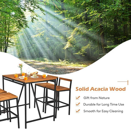 RELAX4LIFE 5-Piece Patio Bar Set, Acacia Wood Counter Height Bistro Dining Table w/Umbrella Hole, Wicker Rattan Bar Stools Set of 4 for Balcony Backyard Poolside, 5PCS Outdoor Bar Table and Chairs Set