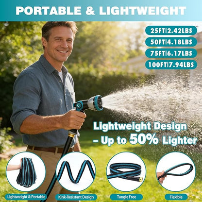 50FT Garden Hose, Kink-Free Non-Expandable Flexible Water Hose with 10-Pattern Spray Nozzle, Lightweight Leakproof Flat Hose with 3/4” Solid Brass Connector for Yard, Lawn & Outdoor Use