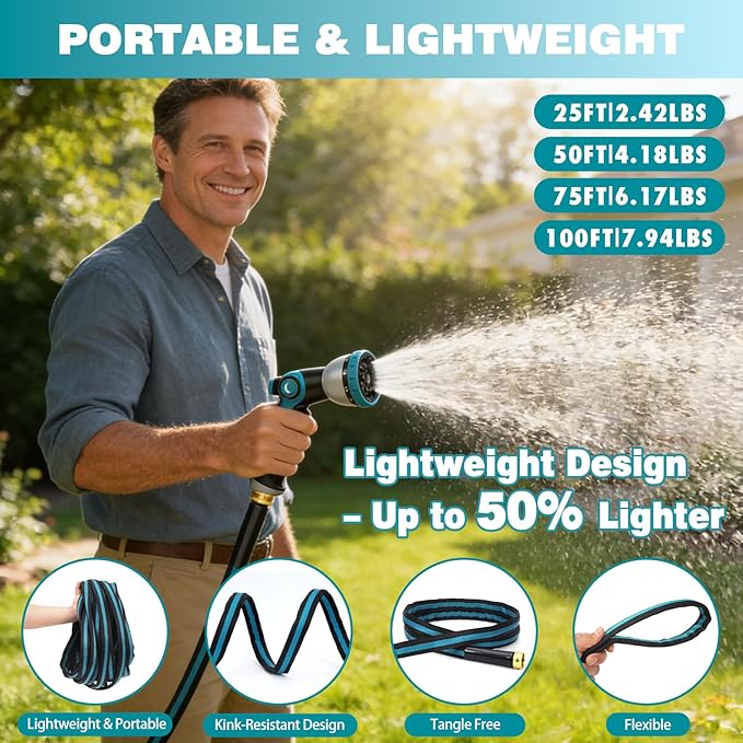 100FT Garden Hose, Kink-Free Non-Expandable Flexible Water Hose with 10-Pattern Spray Nozzle, Lightweight Leakproof Flat Hose with 3/4” Solid Brass Connector for Yard, Lawn & Outdoor Use