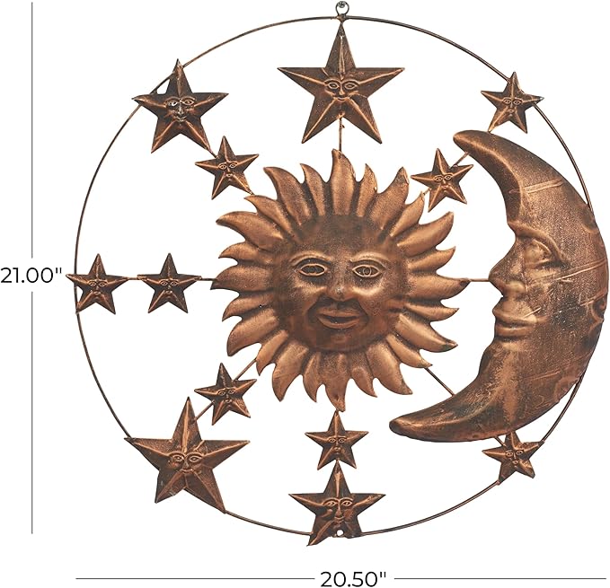 Deco 79 Metal Sun and Moon Home Wall Decor Indoor Outdoor Wall Sculpture with Stars, Wall Art 21" x 1" x 21", Bronze