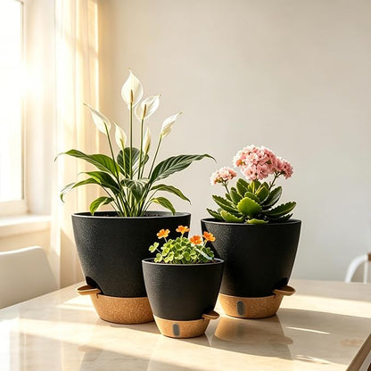 12"/10"/9"/8" Self Watering Pots with Visual Water Window,Extra Large Self Watering Plant Pots with Drainage Holes & Saucers,Black Planters for Indoor Plants,4-Pack