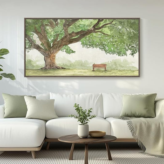 Extra Large Framed Landscape Canvas Wall Art for Living Room - Contemporary Big Tree Shade Sage Green Painting with Park Bench, Nature Artwork Prints for Bedroom Home Office Nursery Hallway 30x60 Inch
