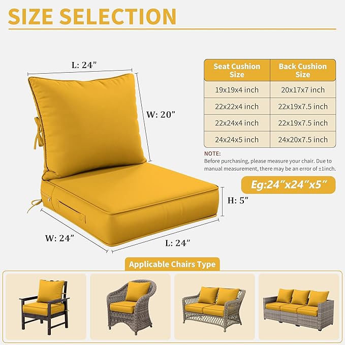Premium Outdoor Seat Cushion Chair Cushions for Patio Furniture 24 L X 24 W X 5 H Waterproof & Fade Resistant Deep Seat and Backrest Cushion Set with Removable Covers for Chair, Sofa