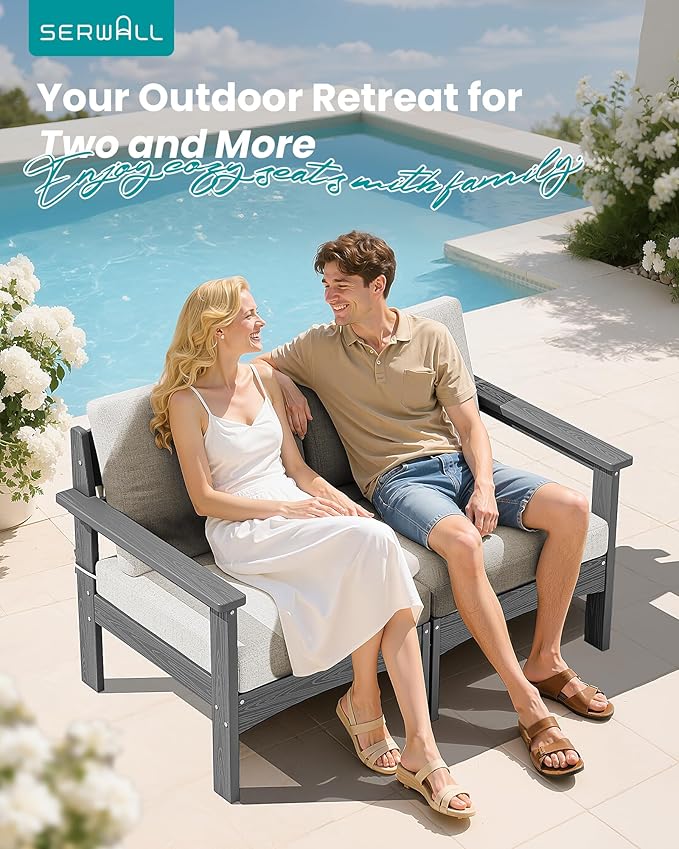 SERWALL HDPE Patio Loveseat Sofa, 2 Pieces Single Sofa, Weather-Resistant Outdoor Furniture Chair with Thick Removable Cushion, Balcony, Garden, Backyard, Poolside, Grey Frame with Khaki Cushion