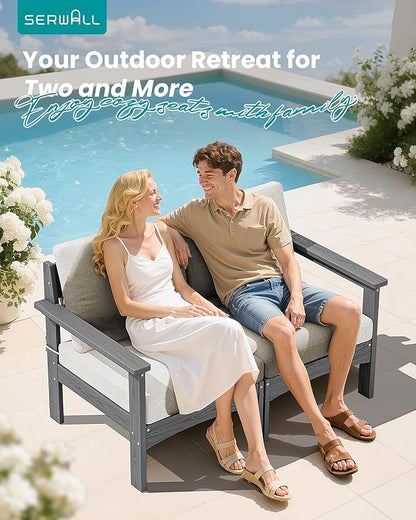 SERWALL HDPE Patio Loveseat Sofa, 2 Pieces Single Sofa, Weather-Resistant Outdoor Furniture Chair with Thick Removable Cushion, Balcony, Garden, Backyard, Poolside, Grey Frame with Khaki Cushion