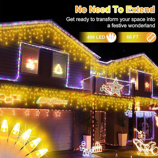 66 FT LED Christmas Lights with 140 Drops, 490 LED Indoor Outdoor Christmas Decorations, 8 Lighting Mode Waterproof Fairy Lights with Timer for Xmas Holiday Wedding Yard Party Warm White