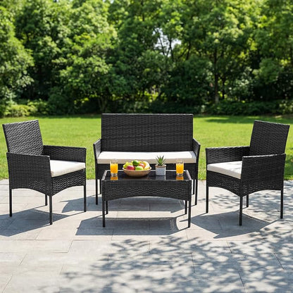 DUMOS 4 Piece Patio Furniture Set, All-Weather Outdoor Wicker Conversation Set with Removable Cushions & Tempered Glass Coffee Table, for Porch, Balcony, Lawn, Backyard Black