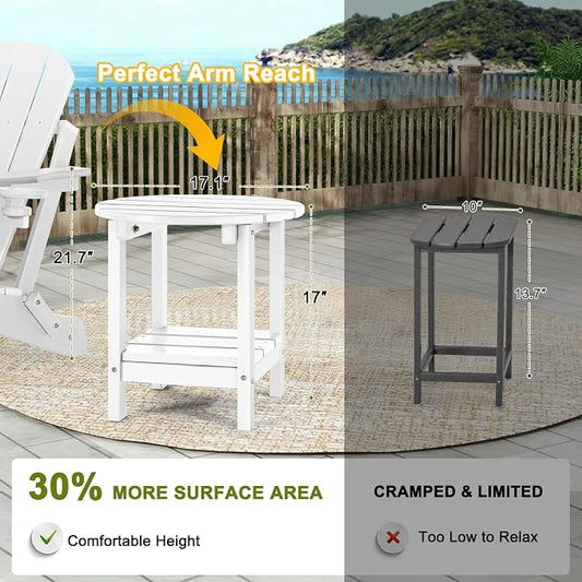 Adirondack Outdoor Side Tables, 2-Tier Round Outdoor Table, Weather Resistant HDPE Patio End Table for Garden, Lawn, Pool, Beach, Porch, Deck, Backyard - White