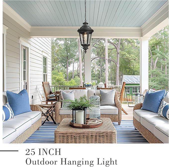 Emliviar Large Outdoor Pendant Lights for Porch, 25" Black Exterior Hanging Lantern with Water Ripple Glass, XE265H-SW BK