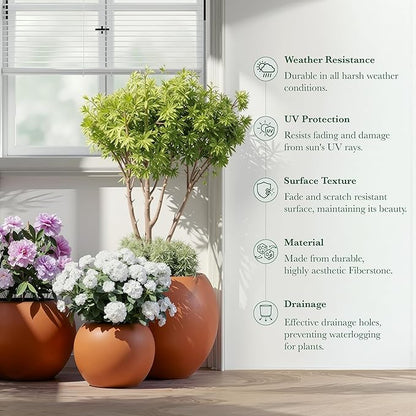 DTY Signature Mount Sherman Modern Indoor Outdoor Fiberstone Sphere Planter, Durable Round Garden Pot, Weather Resistant, Drainage Hole & Rubber Plug, Planter for Christmas Tree - Medium, Terracotta